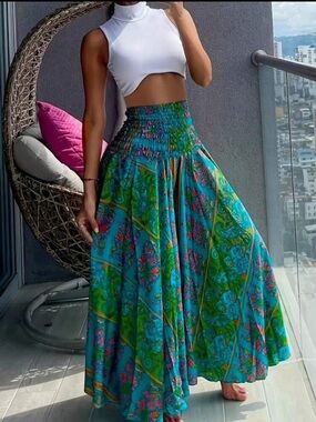Boho Floral Paisleys Print Elastic Waist Wide Leg Pants